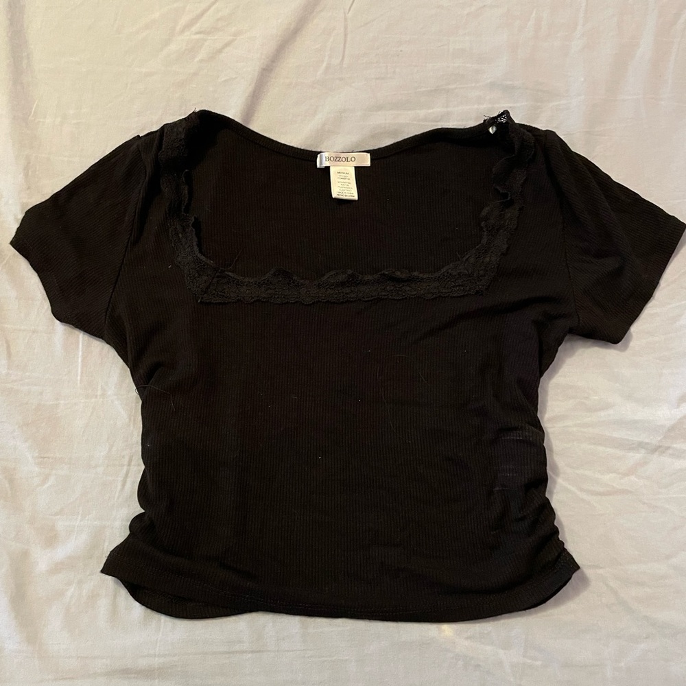 black lace y2k aesthetic fairycore crop fitted shirt with florentine neckline